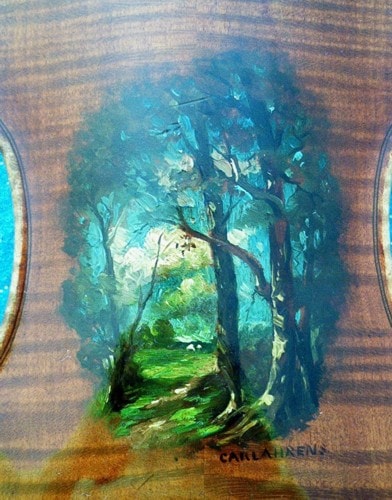Landscape painting by Carl Ahrens on the back of a violin, 1915