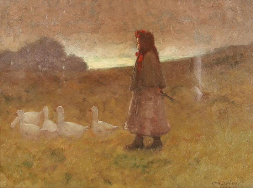 The Goose Girl painting by Carl Ahrens, showing a red-haired girl herding geese across a misty landscape