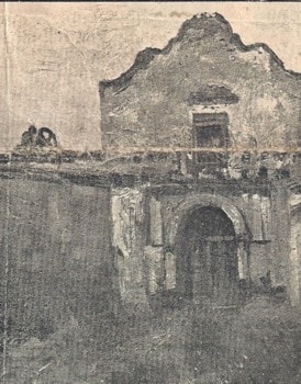 Historic façade of the San Diego mission painted by Carl Ahrens