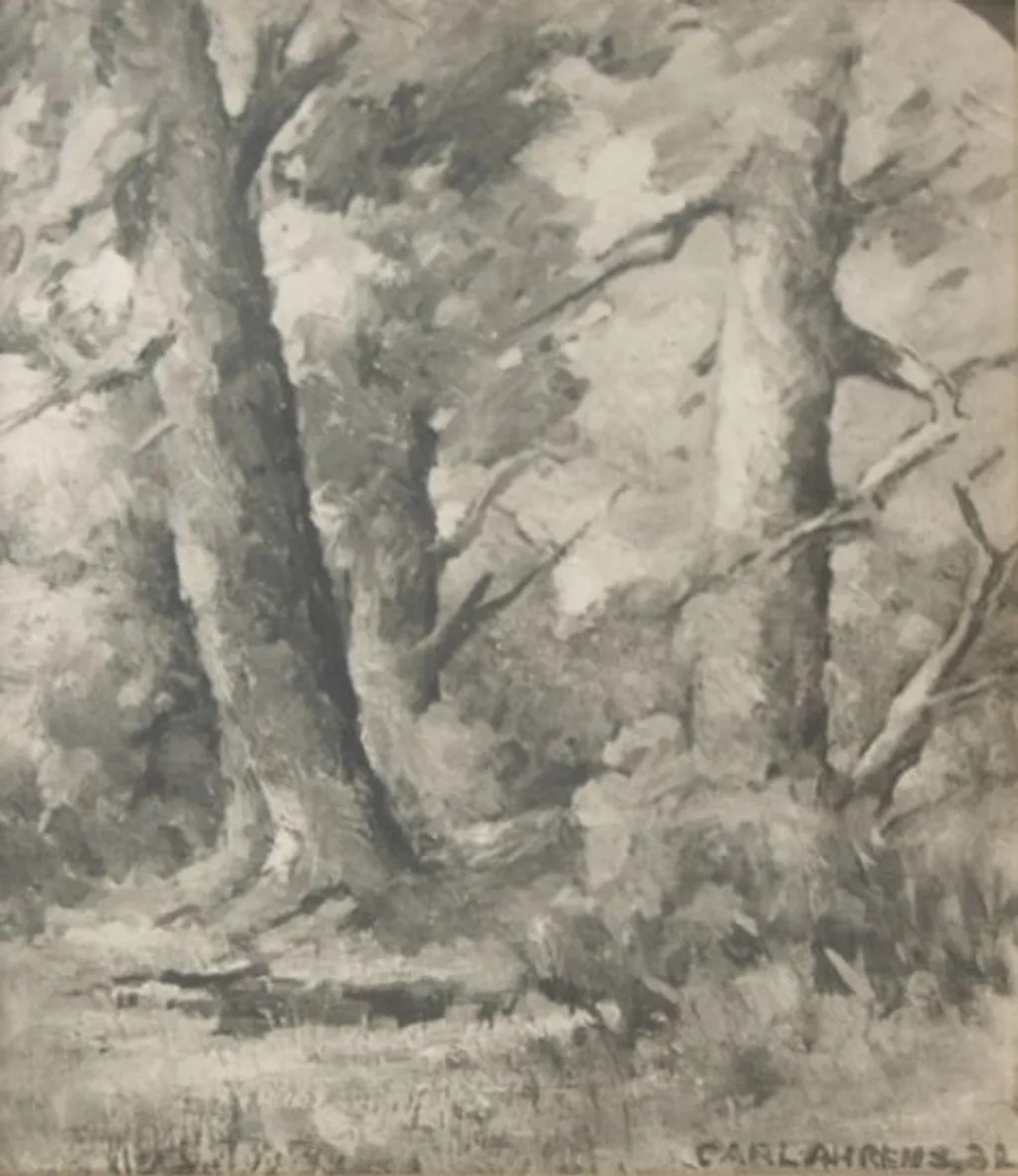 Monochrome woodland painting with a large tree