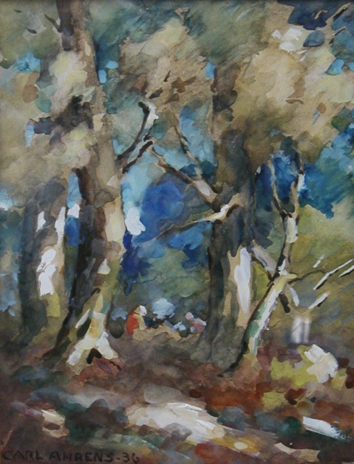 Figures in the Woods — watercolor on paper by Carl Ahrens, 1936