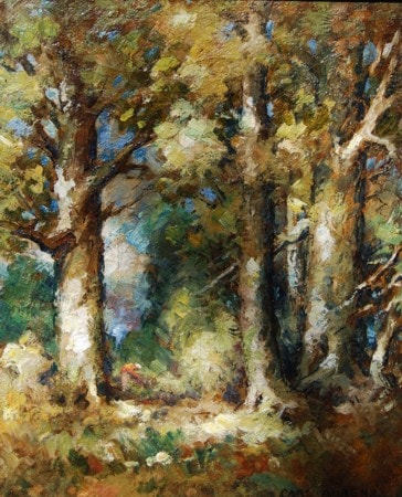 Untitled Forest Scene with Red-Jacketed Figure — oil on canvas by Carl Ahrens, Collection of Kim Bullock
