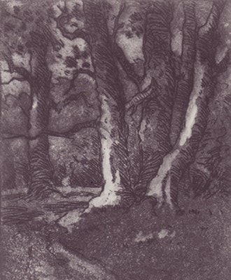 In the Woods — etching and aquatint by Carl Ahrens, Collection of Kim Bullock