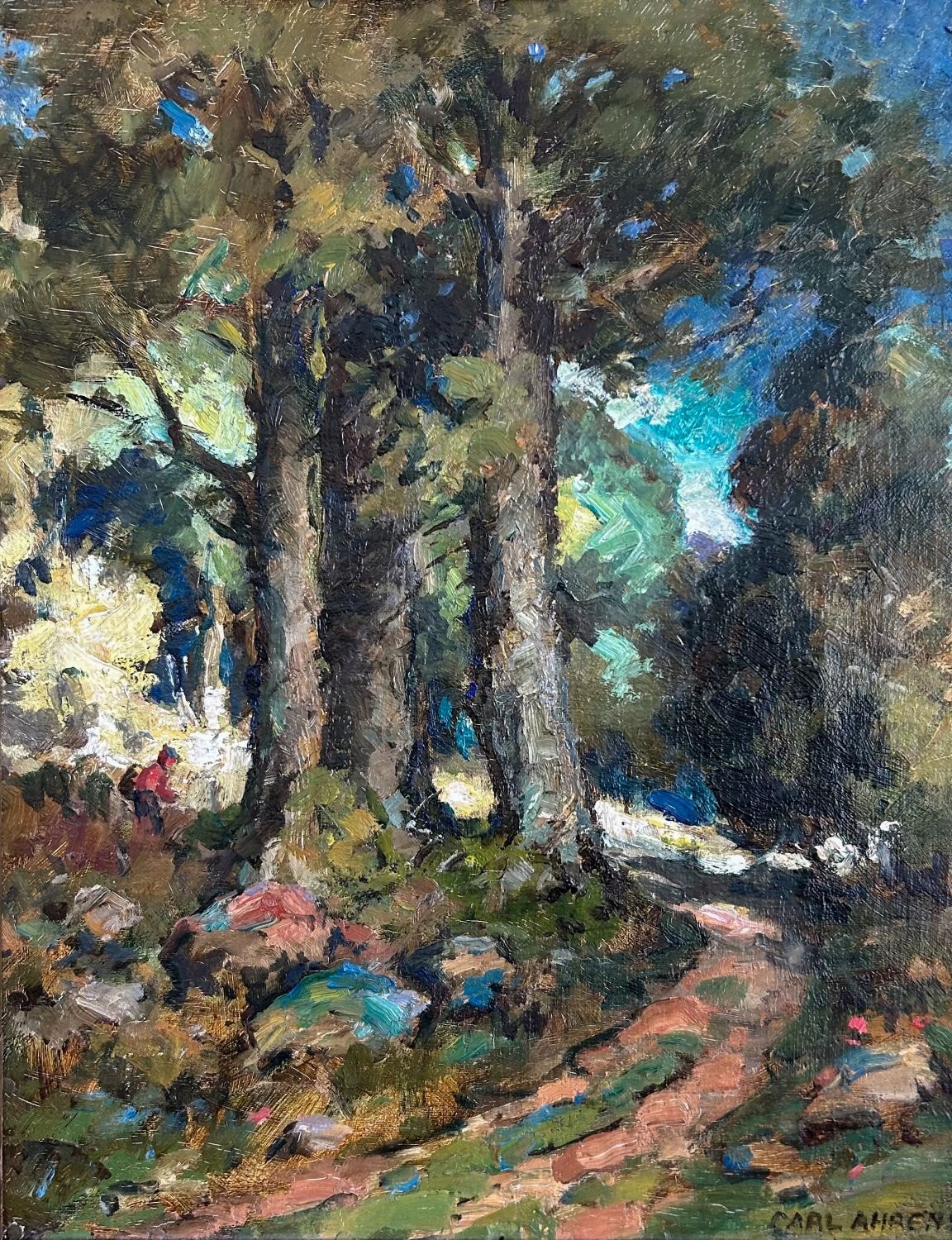 Red Jacketed Figure in Wooded Landscape — oil on board by Carl Ahrens