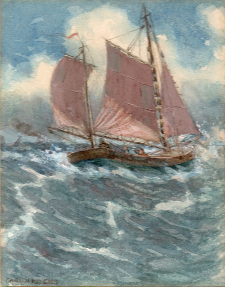 Ship on Stormy Sea — watercolor on board by Carl Ahrens, Collection of Kim Bullock