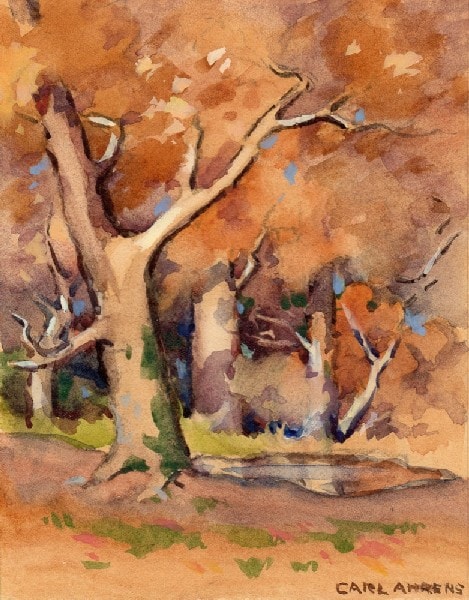 Trees with Pond — watercolor on paper by Carl Ahrens, c. 1929, Collection of Kim Bullock