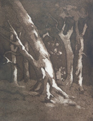 Trees on the Slope — etching by Carl Ahrens