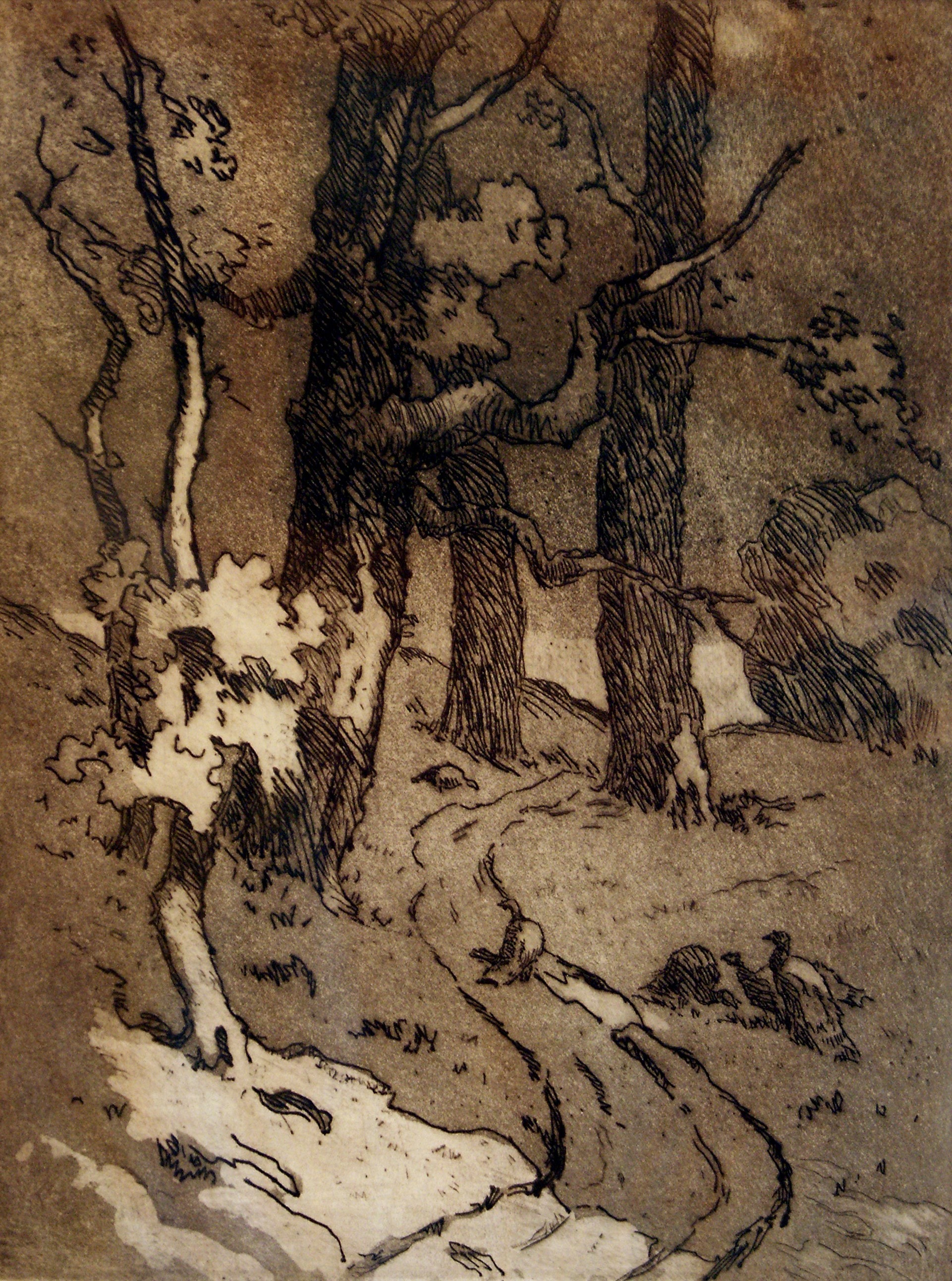 Landscape With Wild Turkeys — etching by Carl Ahrens