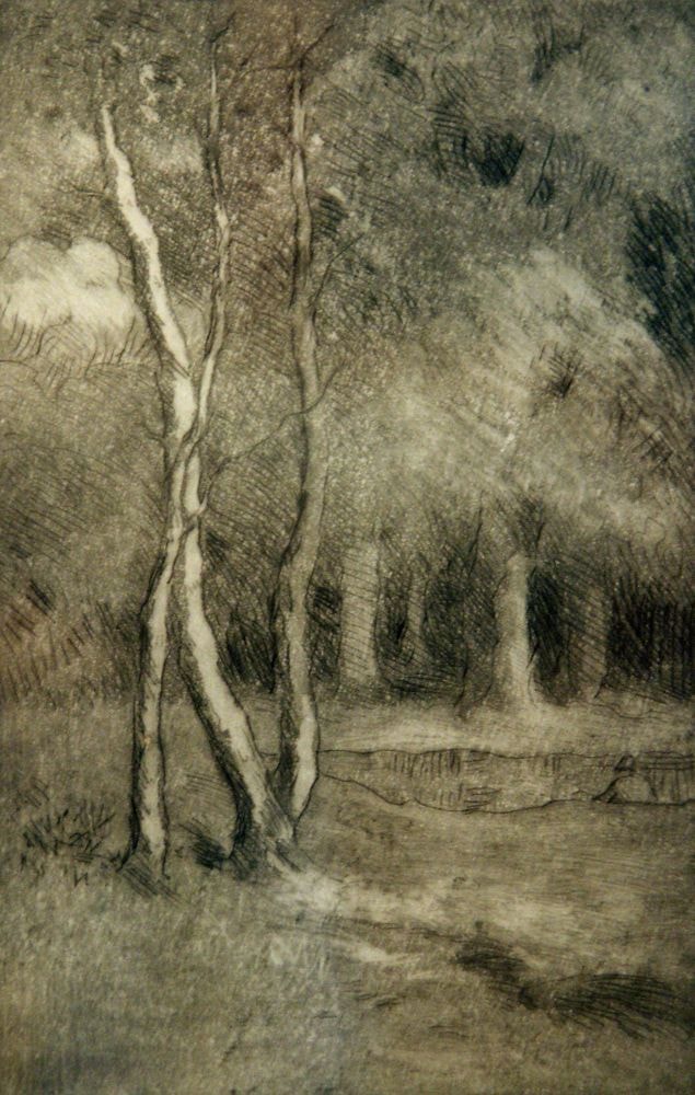 Wooded Landscape With Figure by Pond — drypoint by Carl Ahrens