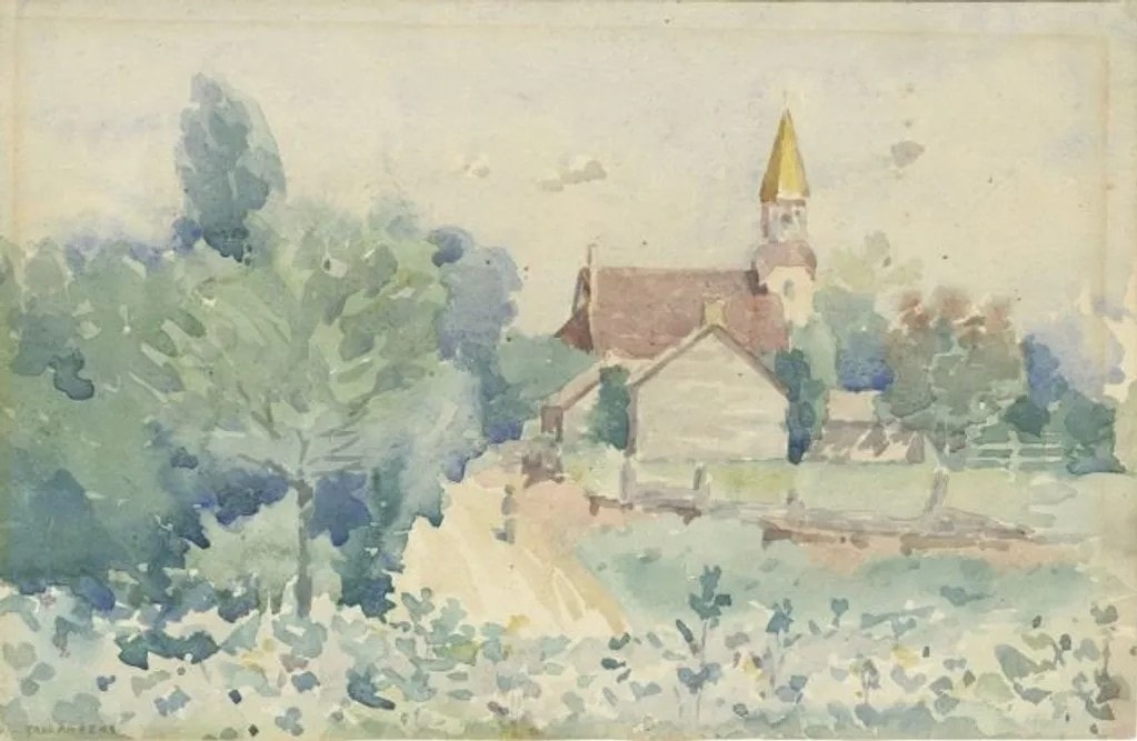 Watercolor painting of Saugeen First Nations Church on paper by Carl Ahrens