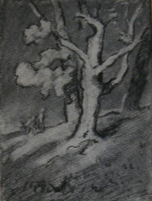 Charcoal sketch of figures walking up a hill, Carl Ahrens