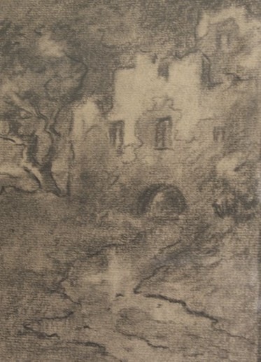 Charcoal sketch of a river flowing through a tunnel, Carl Ahrens