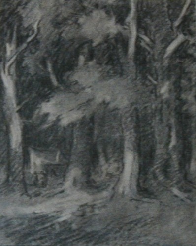 Charcoal sketch of campers in the woods, Carl Ahrens