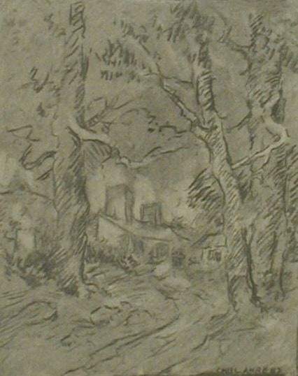 Charcoal sketch of a house in the woods, Carl Ahrens