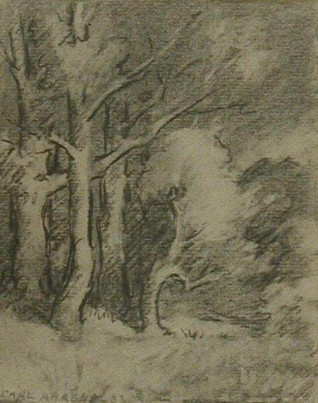 Charcoal sketch of four trees, Carl Ahrens