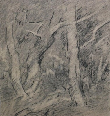 Charcoal sketch of an artist and model in the woods, Carl Ahrens