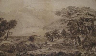 Black ink sketch of a landscape with figures, Carl Ahrens