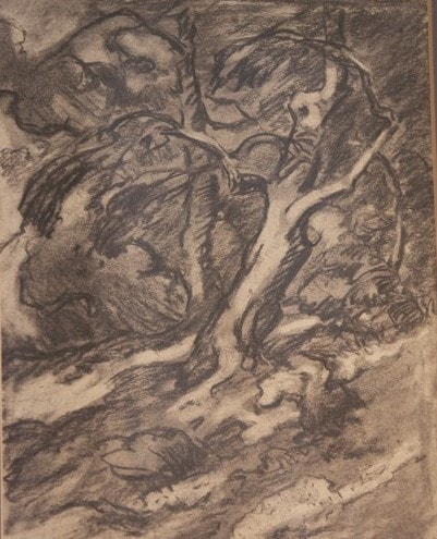 Charcoal sketch of windblown trees, Carl Ahrens
