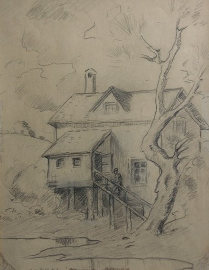 Pencil sketch of a figure climbing stairs, Carl Ahrens