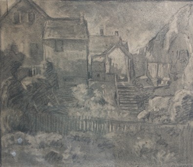 Charcoal sketch of a village, Carl Ahrens